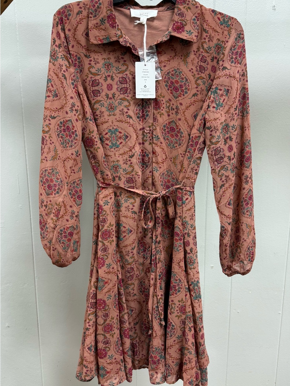 Lucky Brand Rose-Pink Paisley Button-Front Tie-Waist Dress